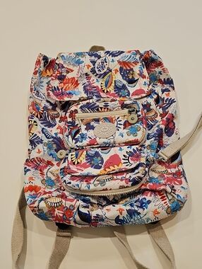 Kipling Floral Canvas Backpack in Blue Pink Red Cream